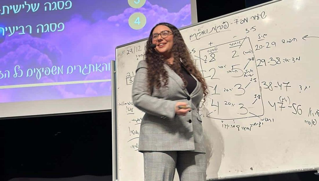 מיכל גרין מלמדת ליד לוח מלא בחישובים נומרולוגיים